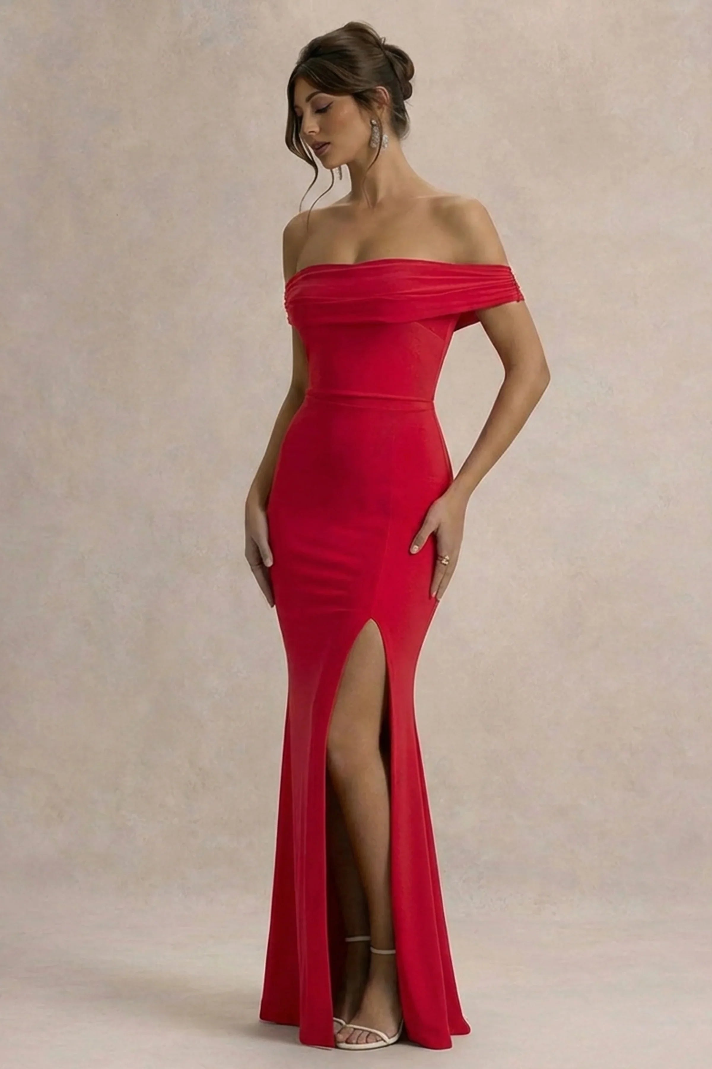 Law of Attraction Red Bardot Draped Split Maxi Dress