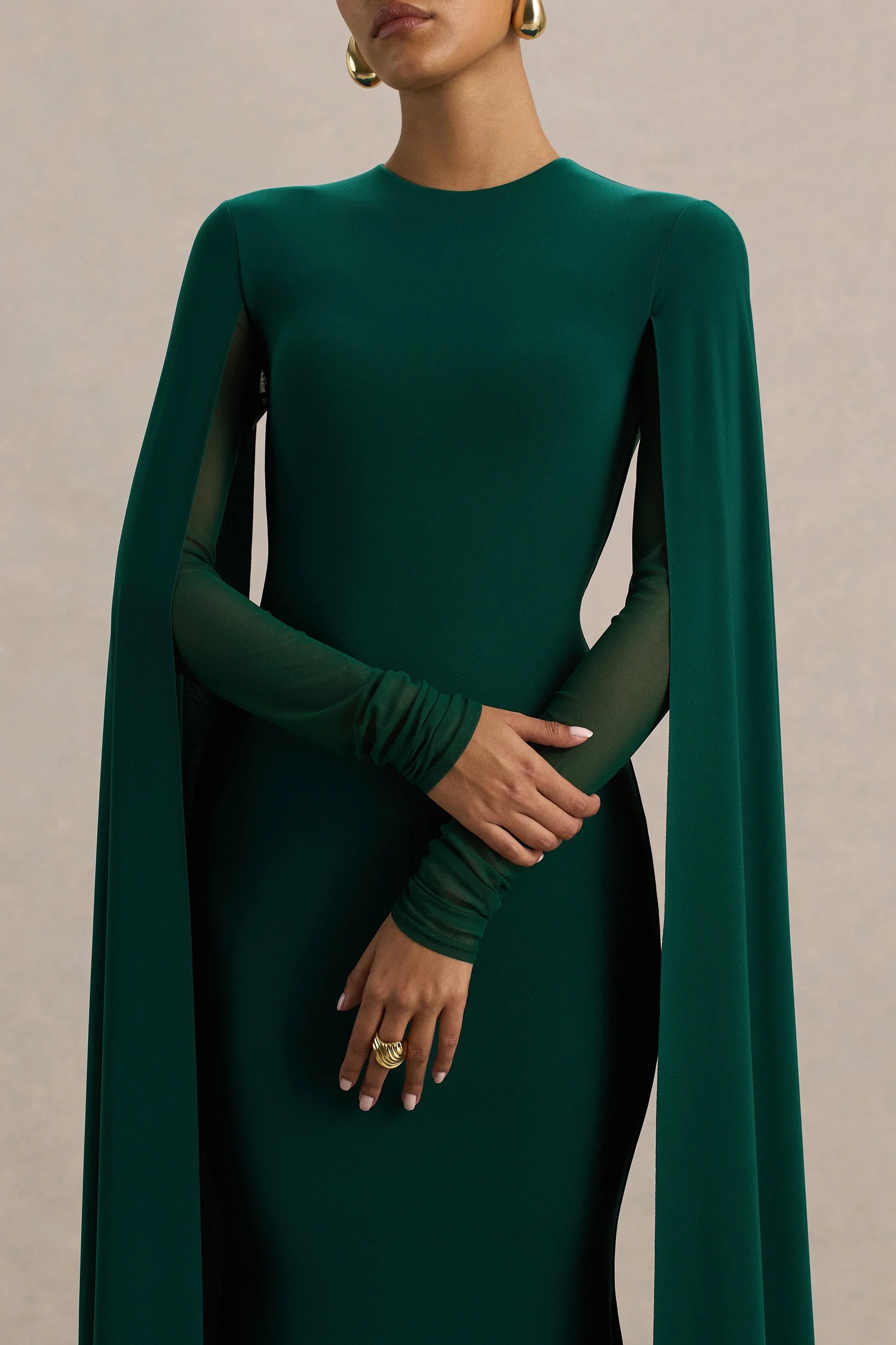 Isla Bottle Green Crew Neck Maxi Dress With Cape Sleeve