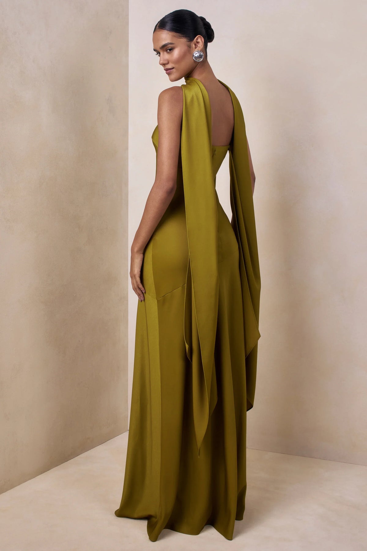 Charly Olive Matte Satin Bandeau Maxi Dress With Scarf Detail
