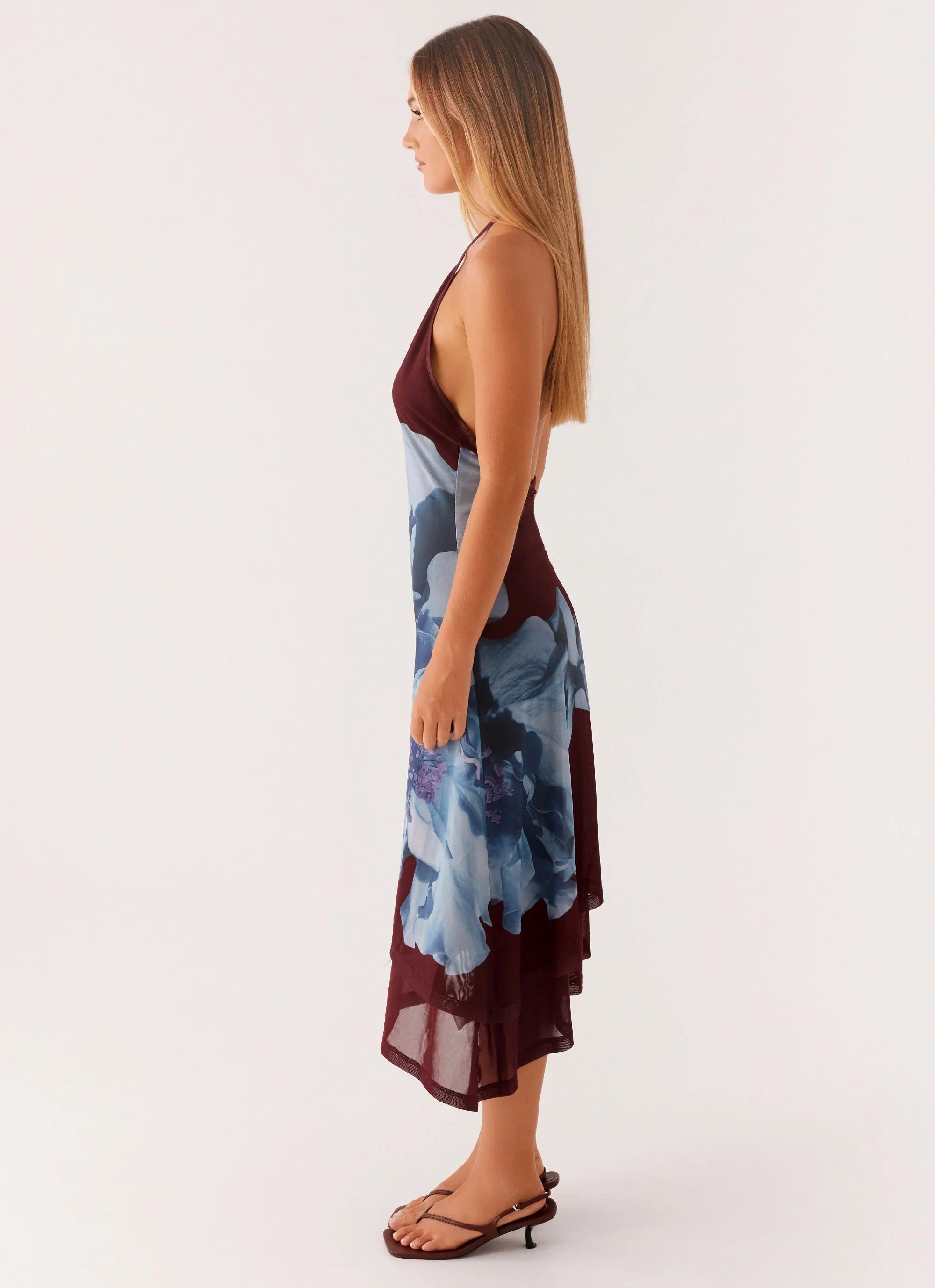 Brinley Halterneck Midi Dress Maroon Print