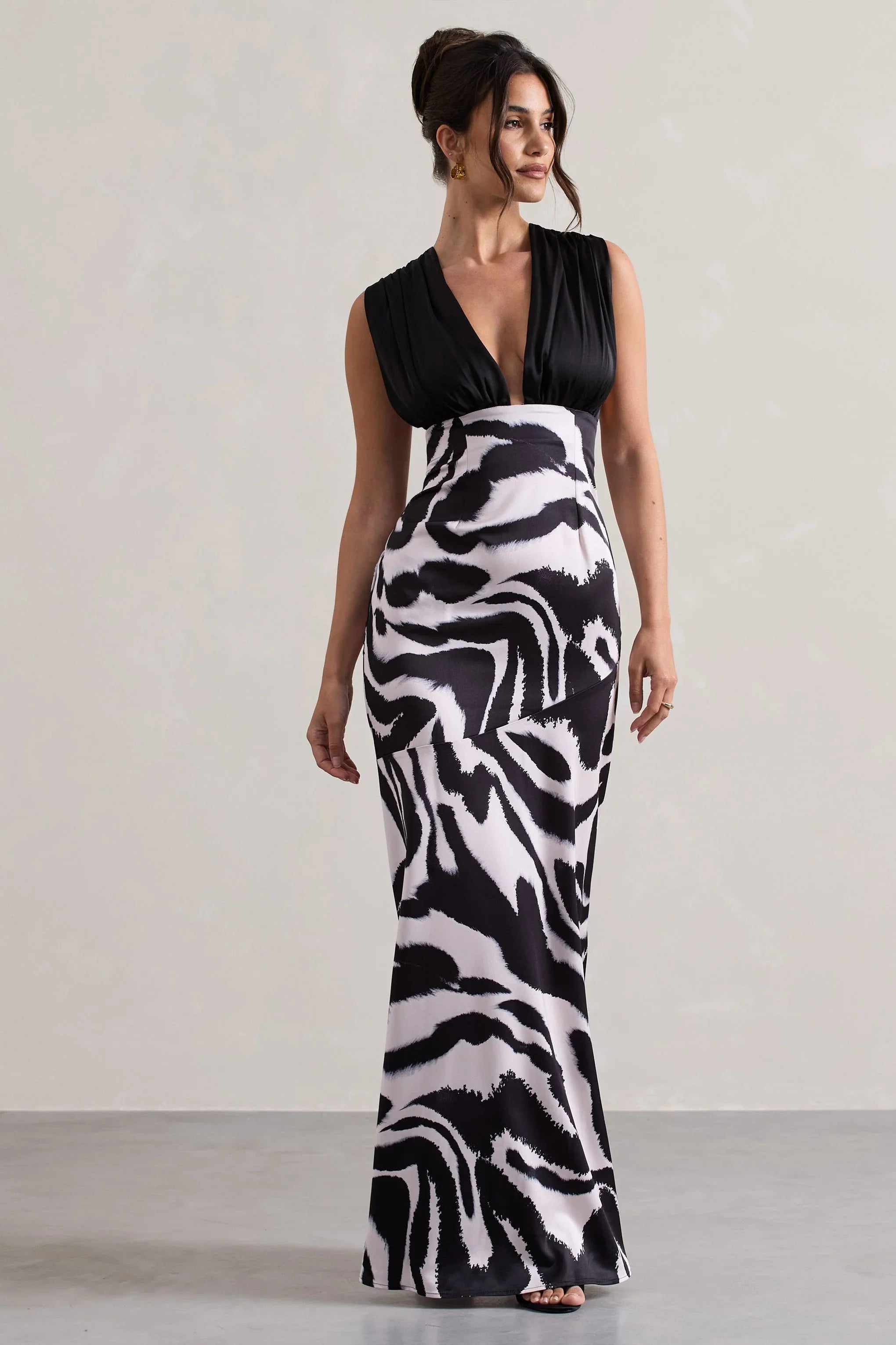 Azzara Zebra Print Satin Ruched V Neck Maxi Dress
