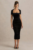 Chrissy Black Velvet Square Neck Midi Dress With Mesh Sleeves And Ruched Detailing
