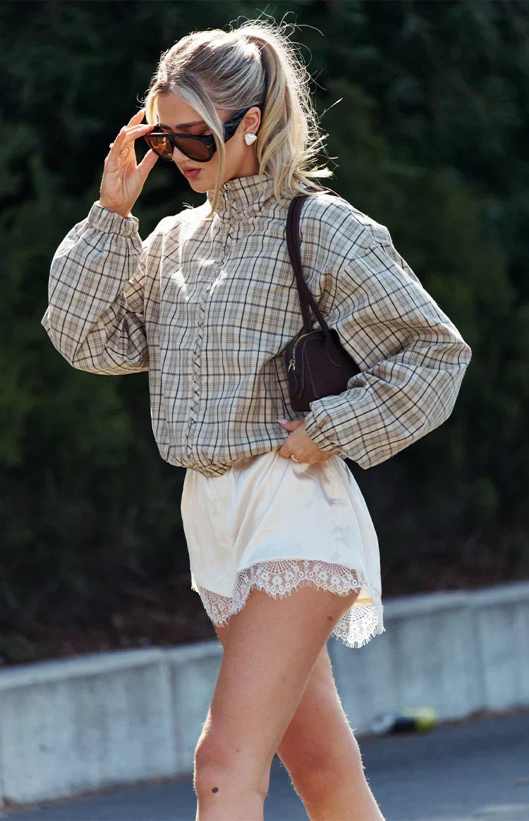 Lee Beige Plaid Funnel Neck Jacket PRE ORDER