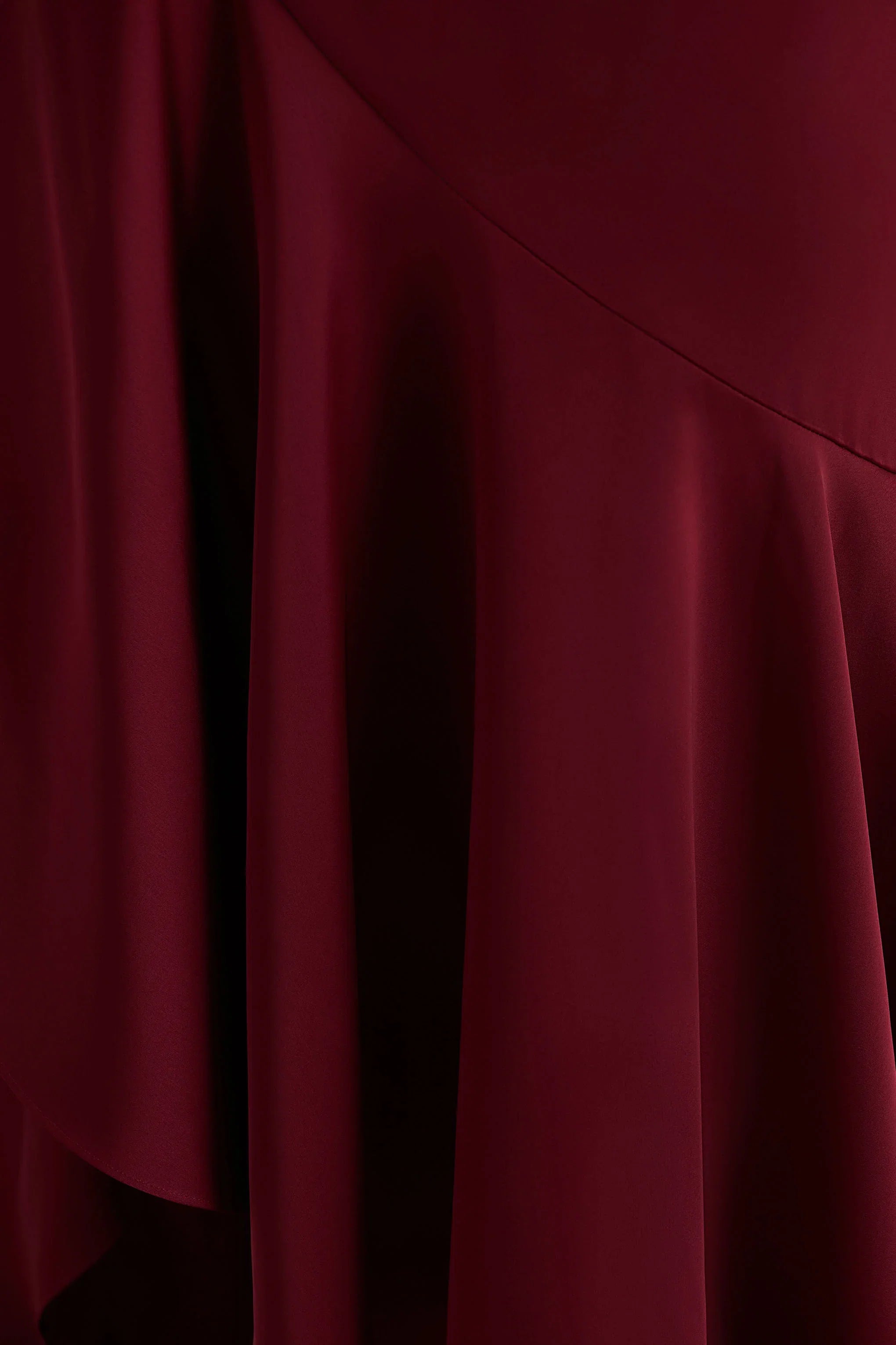 Rosy Burgundy Satin Boat Neck Maxi Dress With Front Split And Ruffled Detailing