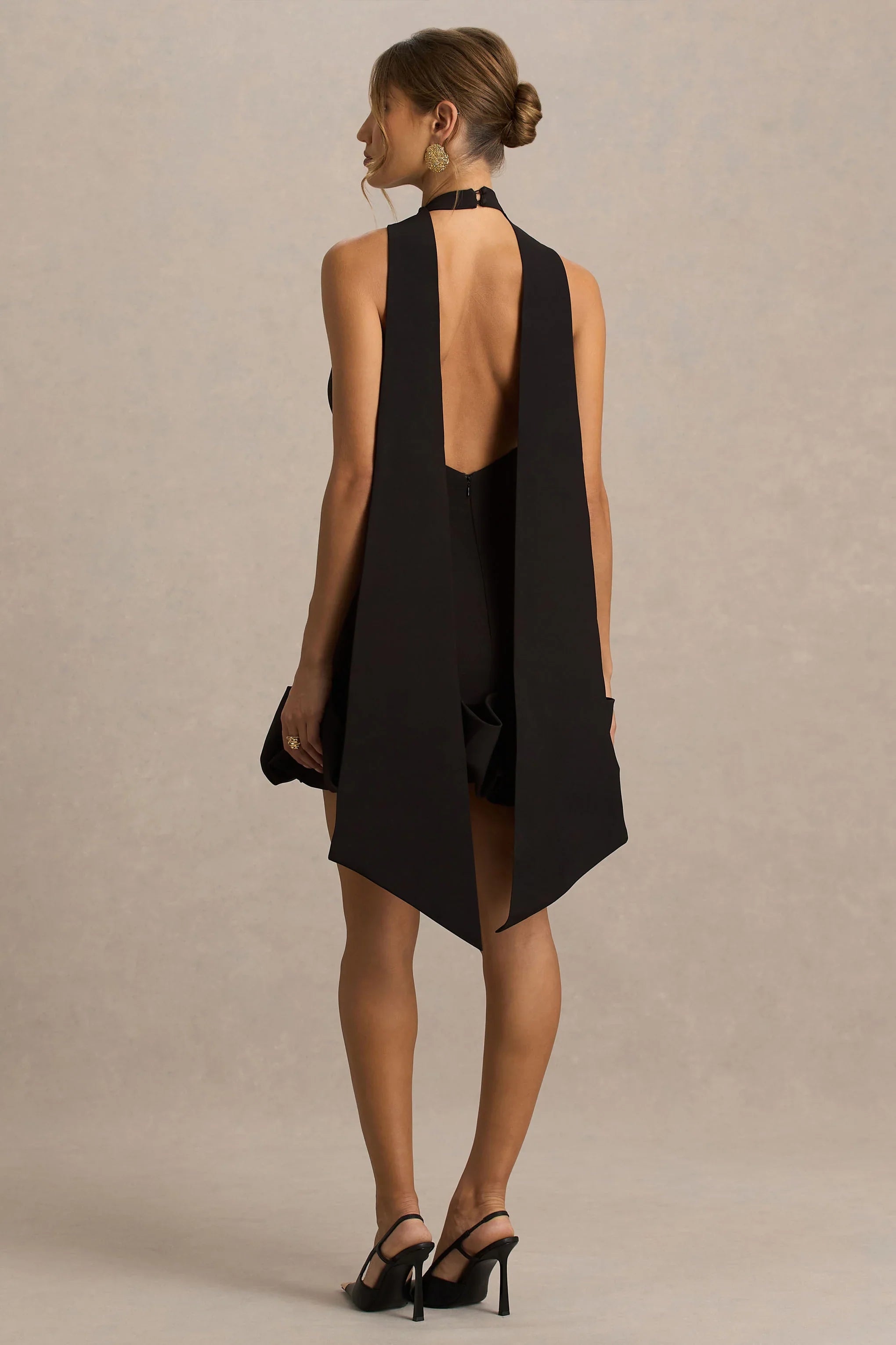 Geneve Black Halter Neck Mini Dress With Ruffled Trim
