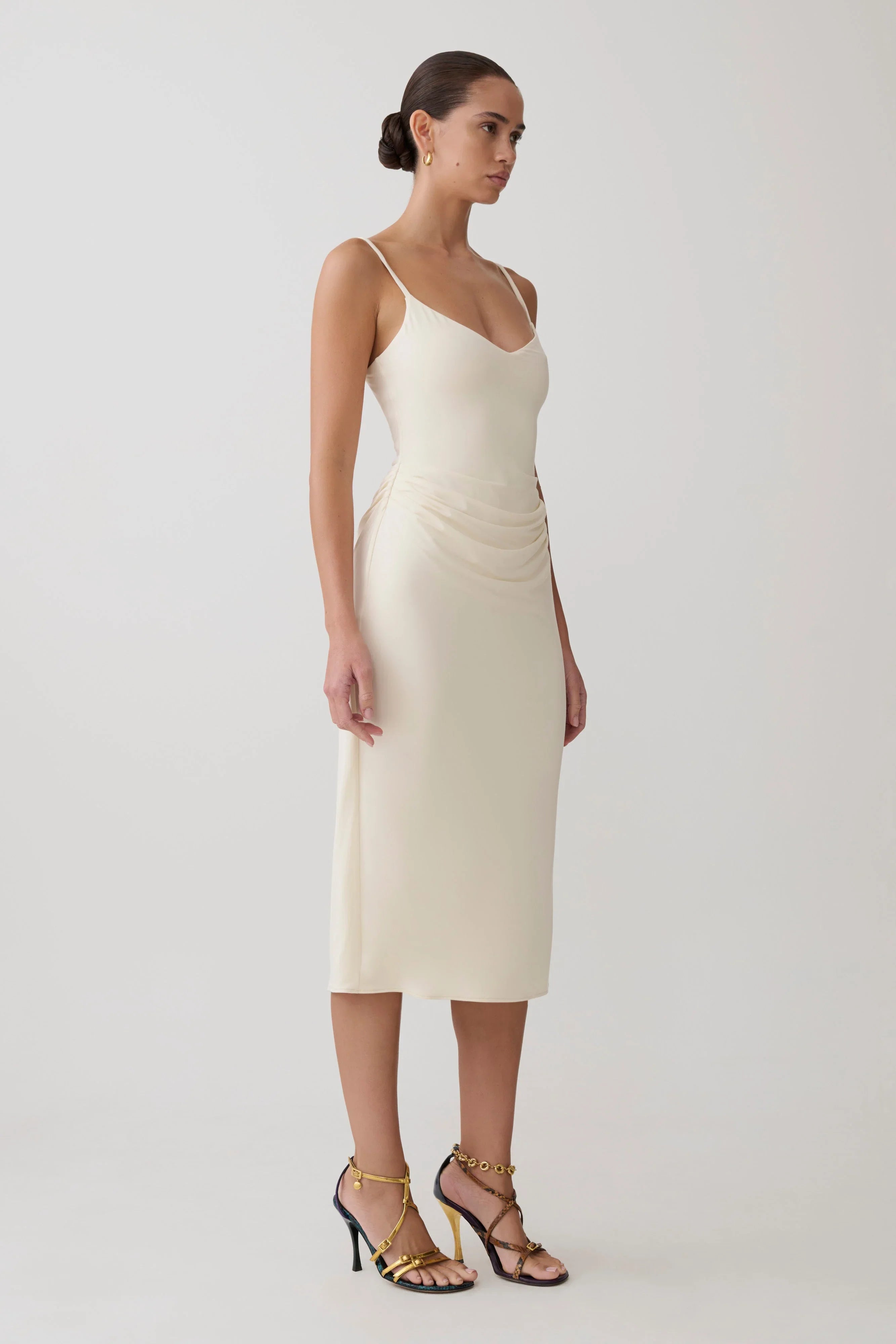 Vina Gathered Jersey Midi Dress Ivory