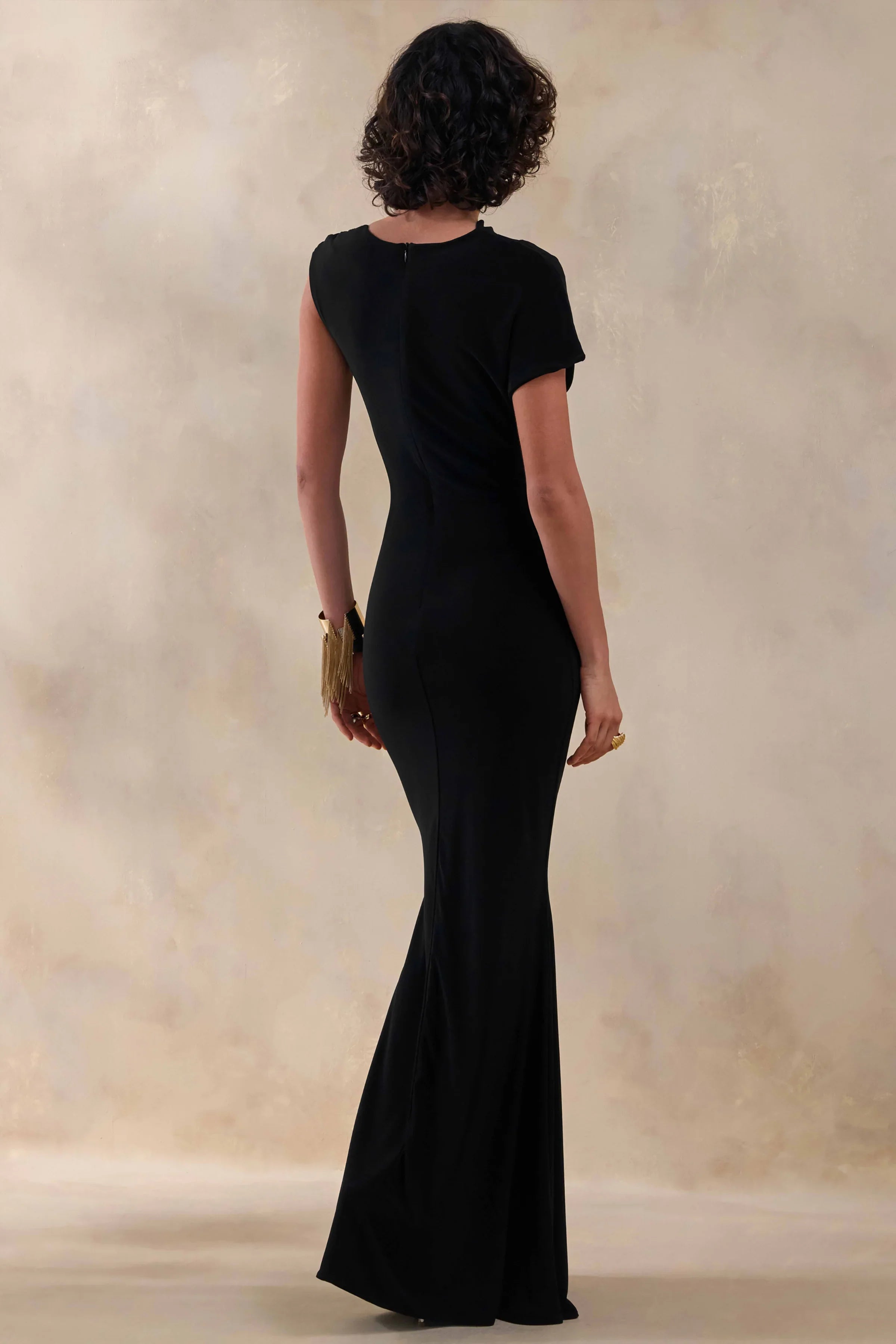 Blaire Black Asymmetric Neck Maxi Dress With Gold Detailing