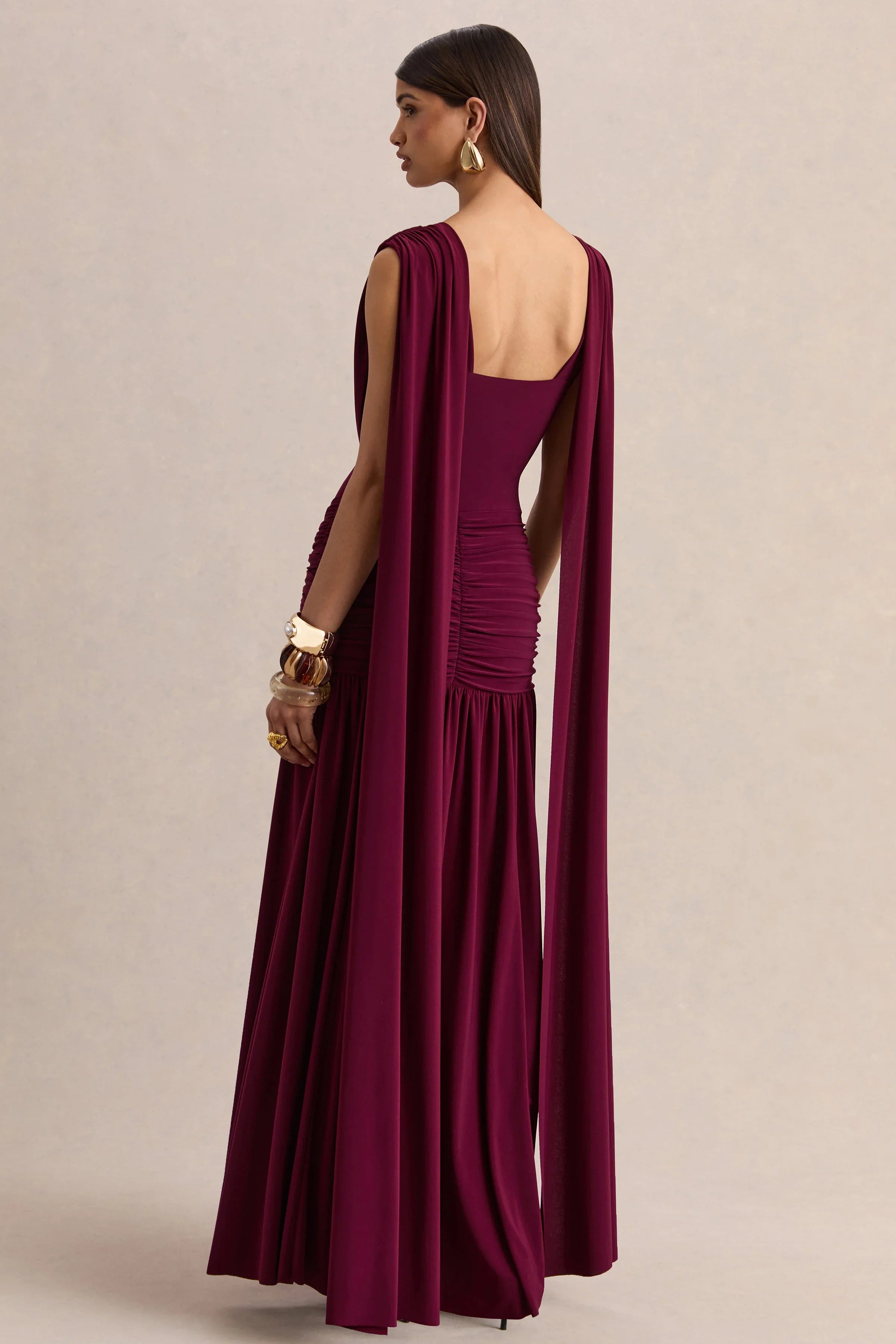 Amelisse Burgundy Plunge Neck Maxi Dress With Ruched Detailing
