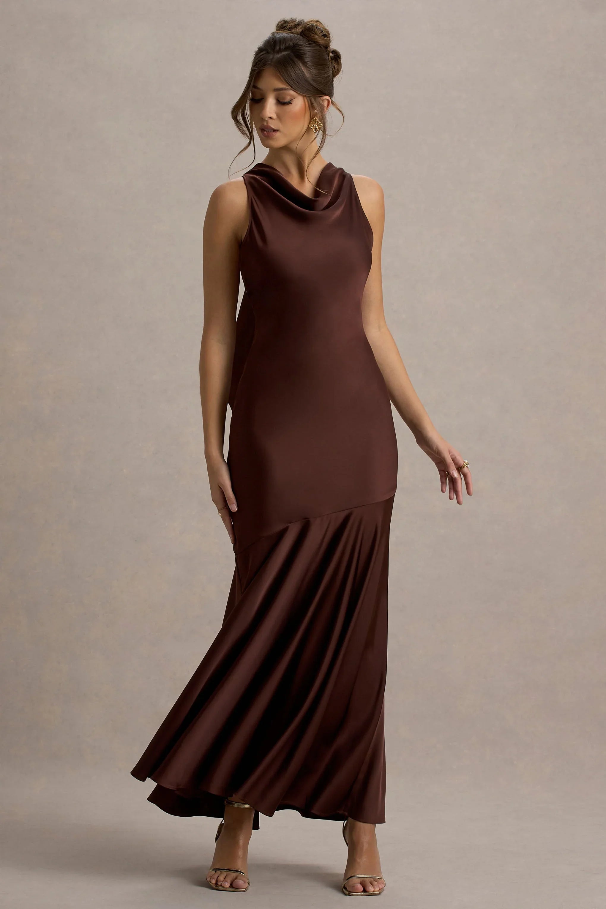 Amelita Brown Satin Cowl Neck Maxi Dress