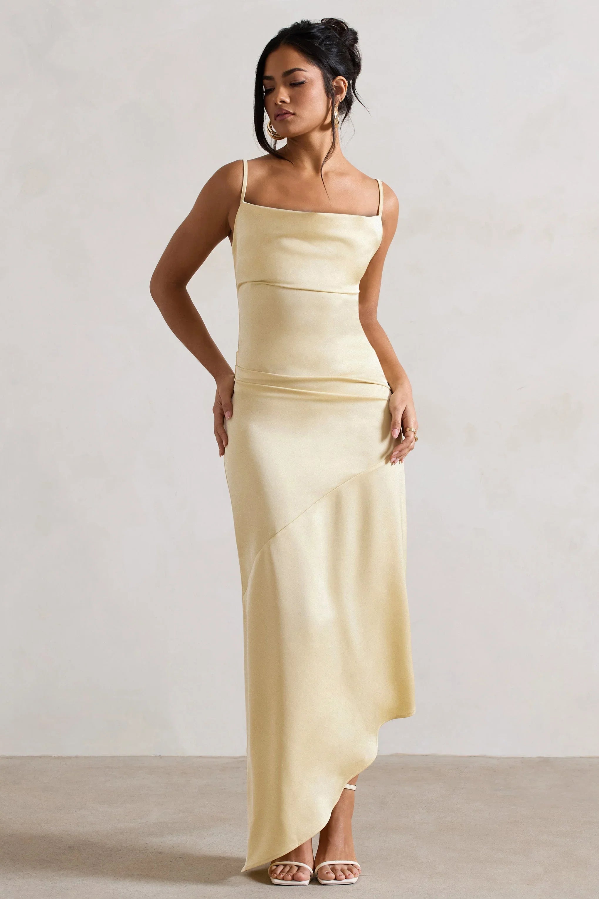 Santi Lemon Satin Cowl Neck Asymmetric Maxi Dress