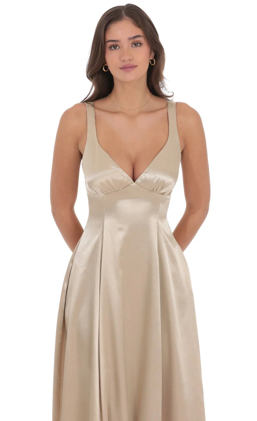 Satin V Neck Fit and Flare Maxi Dress in Gold