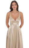 Satin V Neck Fit and Flare Maxi Dress in Gold