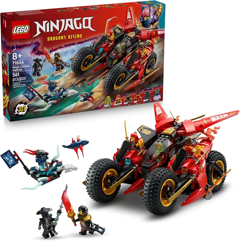 LEGO NINJAGO Ninja Combat Vehicle 3 in 1 Building Toy Dragons Rising Play Set for Boys Girls Ages 8 Model Building Kit for Kids W 6 Ninja Toy Minifigures Gift Idea for Birthdays 71844
