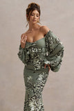 Murcia Olive Floral Print Chiffon Puff Sleeve Button Maxi Dress