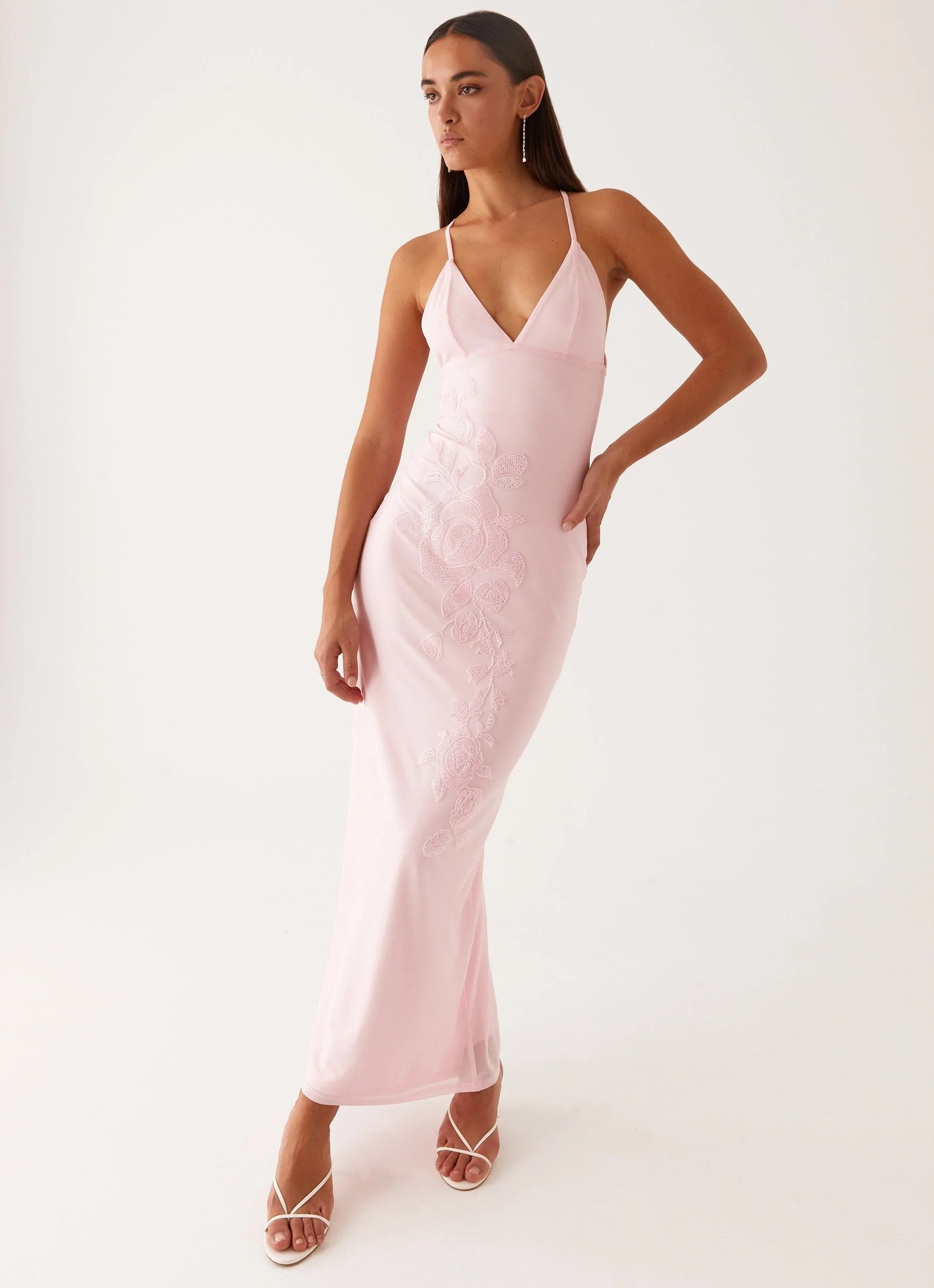 Beki Beaded Mesh Maxi Dress Pink