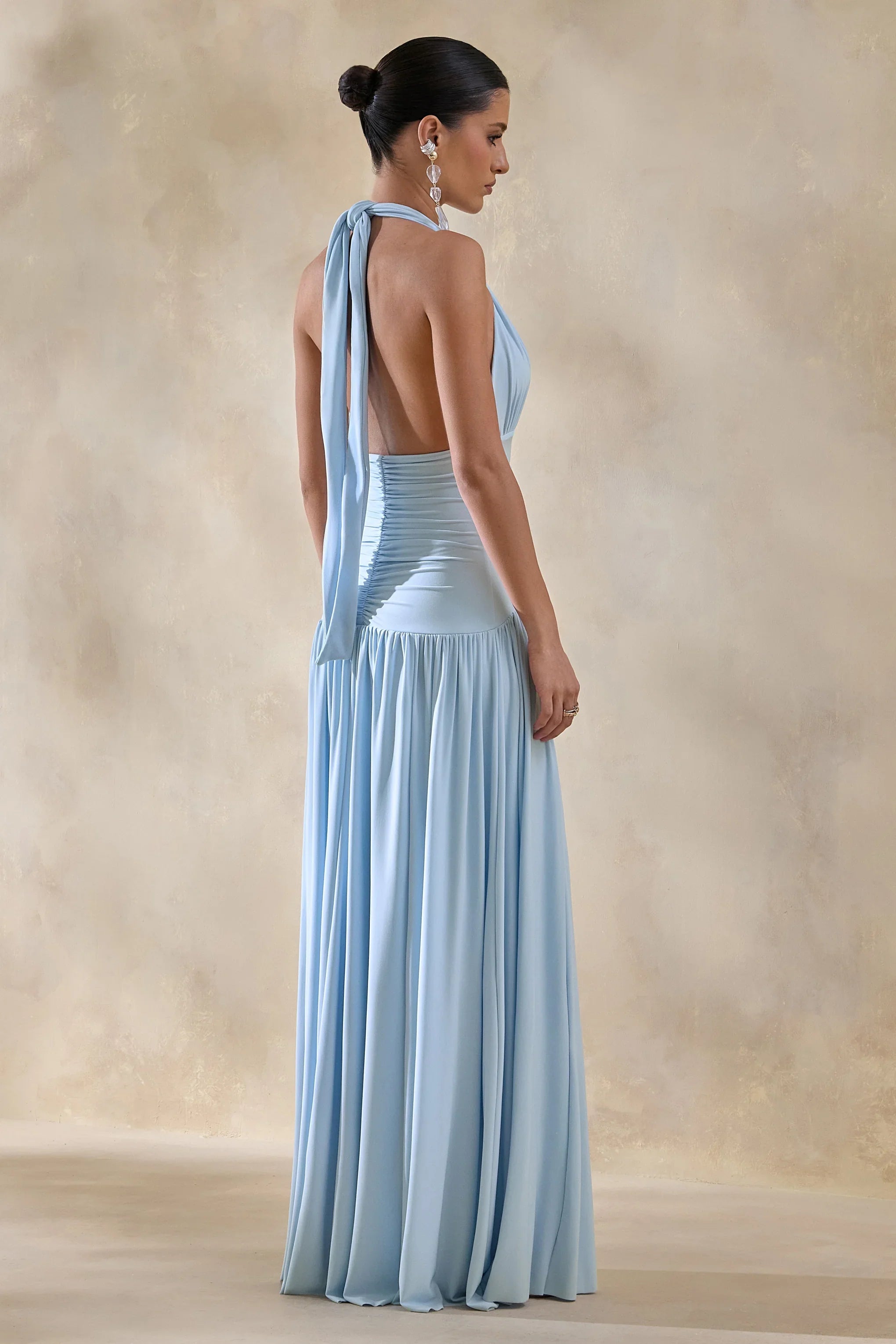 Bettina Powder Blue Plunge Neck Maxi Dress With Gathered Detailing