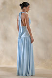 Bettina Powder Blue Plunge Neck Maxi Dress With Gathered Detailing