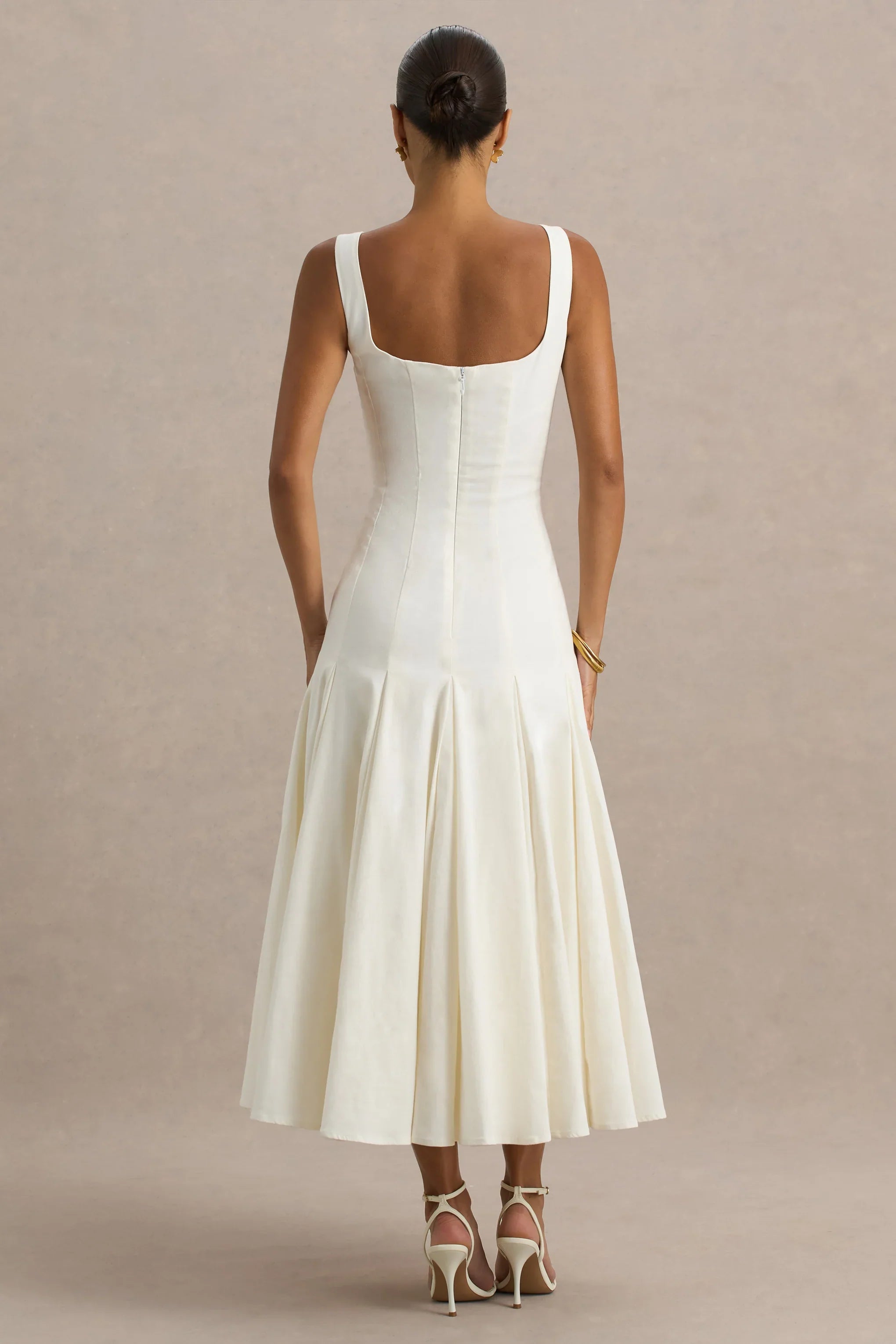 Magnolia White Scoop Neck Midi Dress With Drop Waist And Ruffling Detail