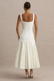 Magnolia White Scoop Neck Midi Dress With Drop Waist And Ruffling Detail