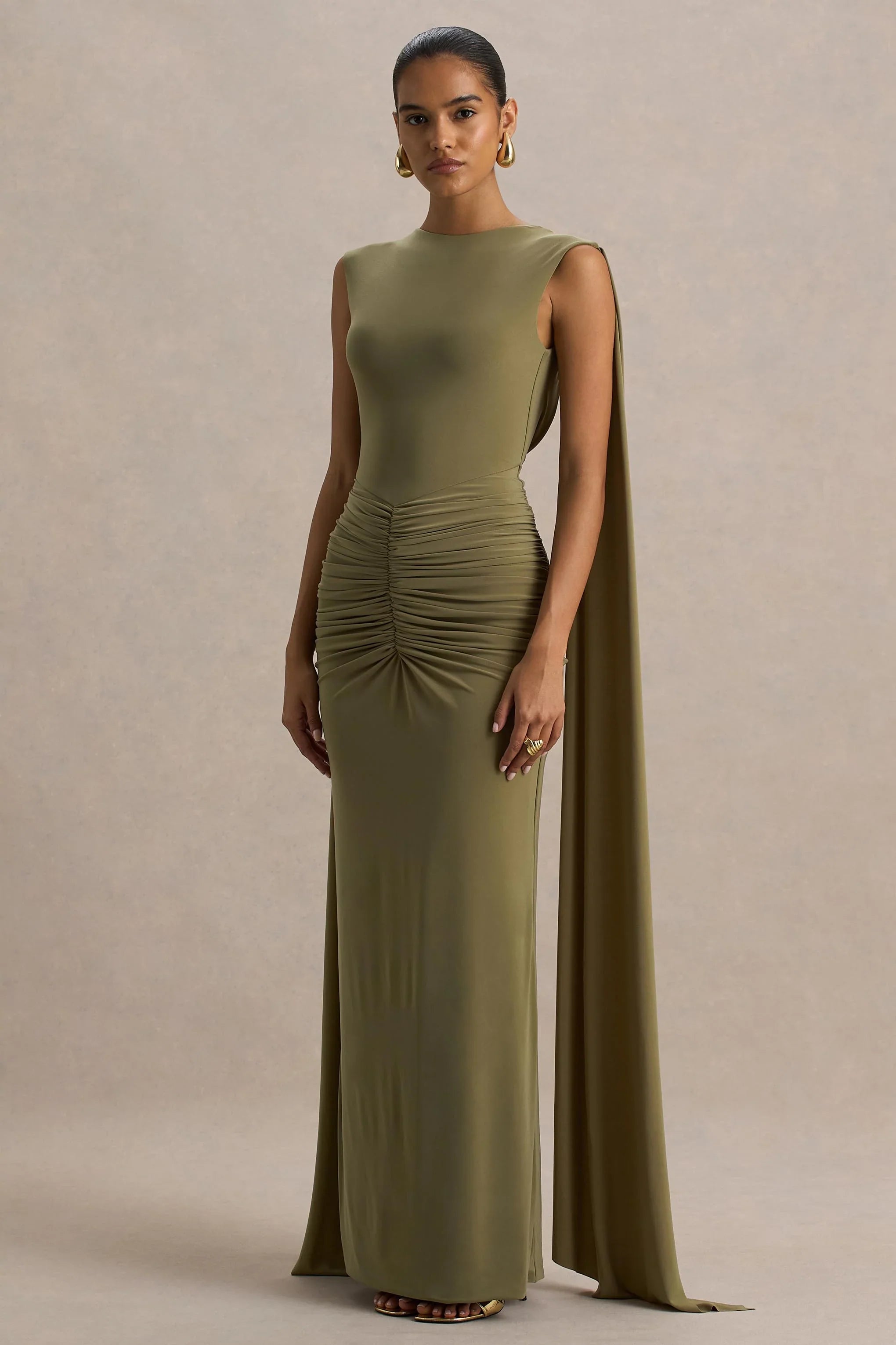 Premiere Olive Boat Neck Maxi Dress With Cape Sleeves And Open Back