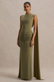Premiere Olive Boat Neck Maxi Dress With Cape Sleeves And Open Back