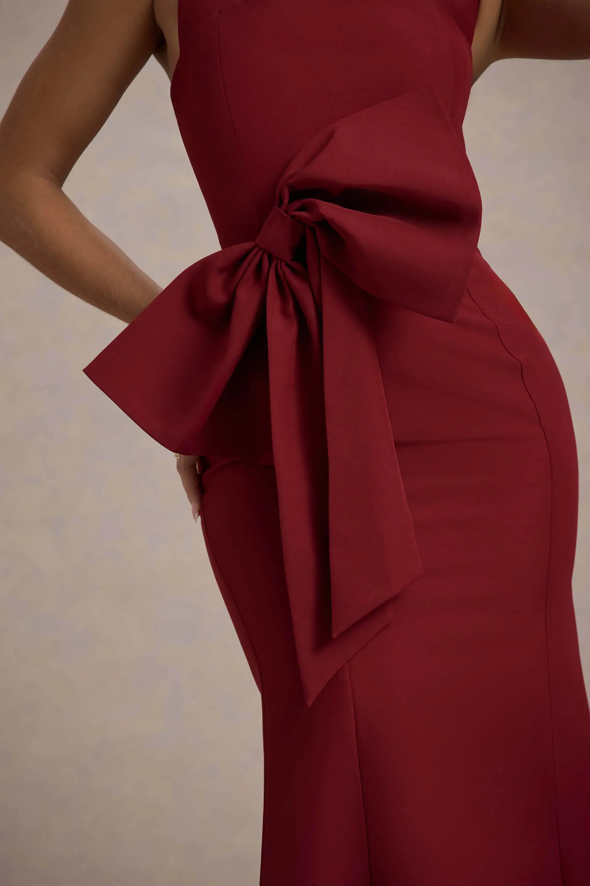 Aman Berry Halter Neck Midi Dress With Oversized Bow