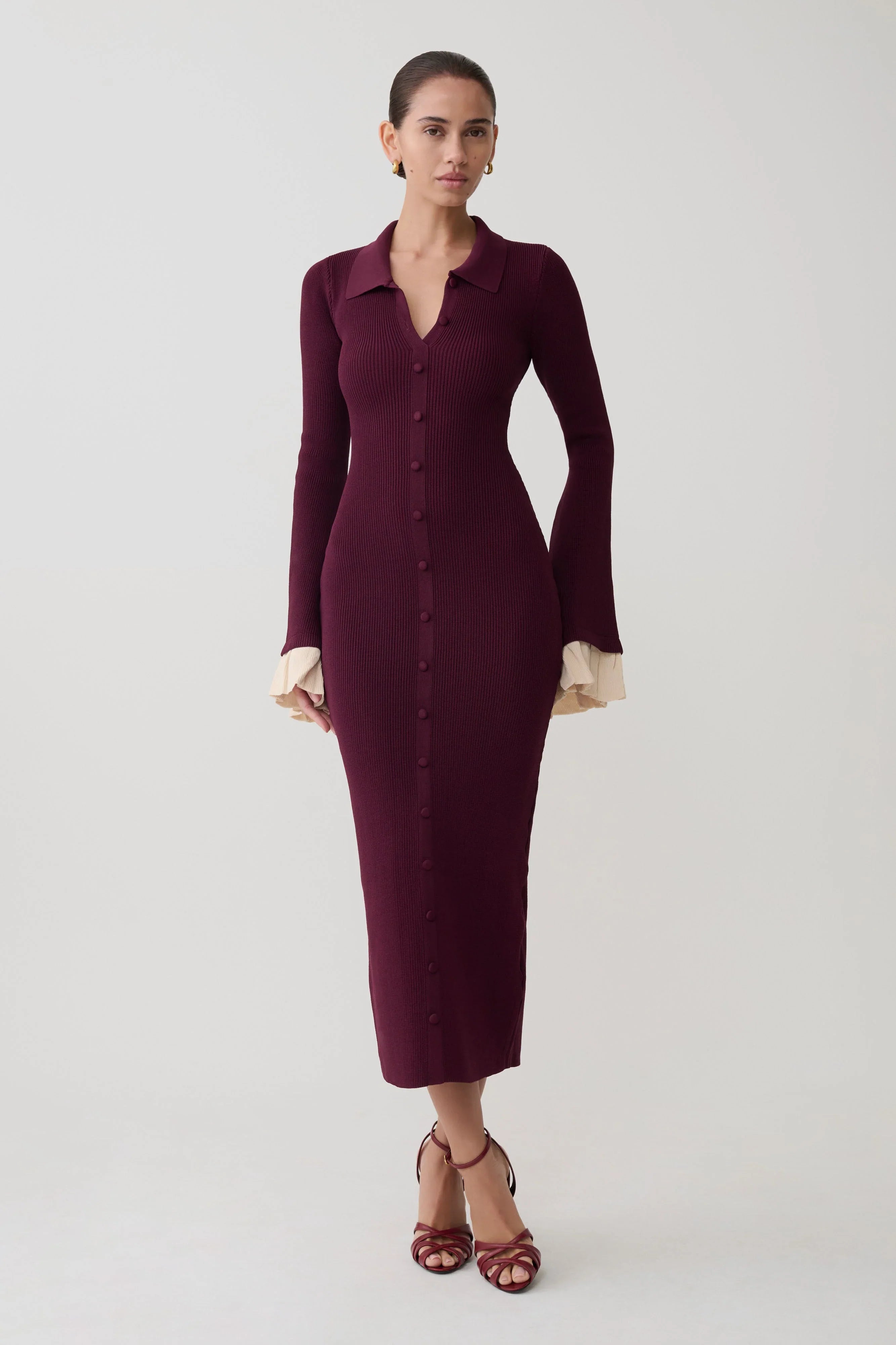 Amirose Ruffle Knit Midi Dress Plum