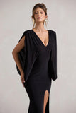 Perry Black V Neck Cape Sleeve Split Maxi Dress