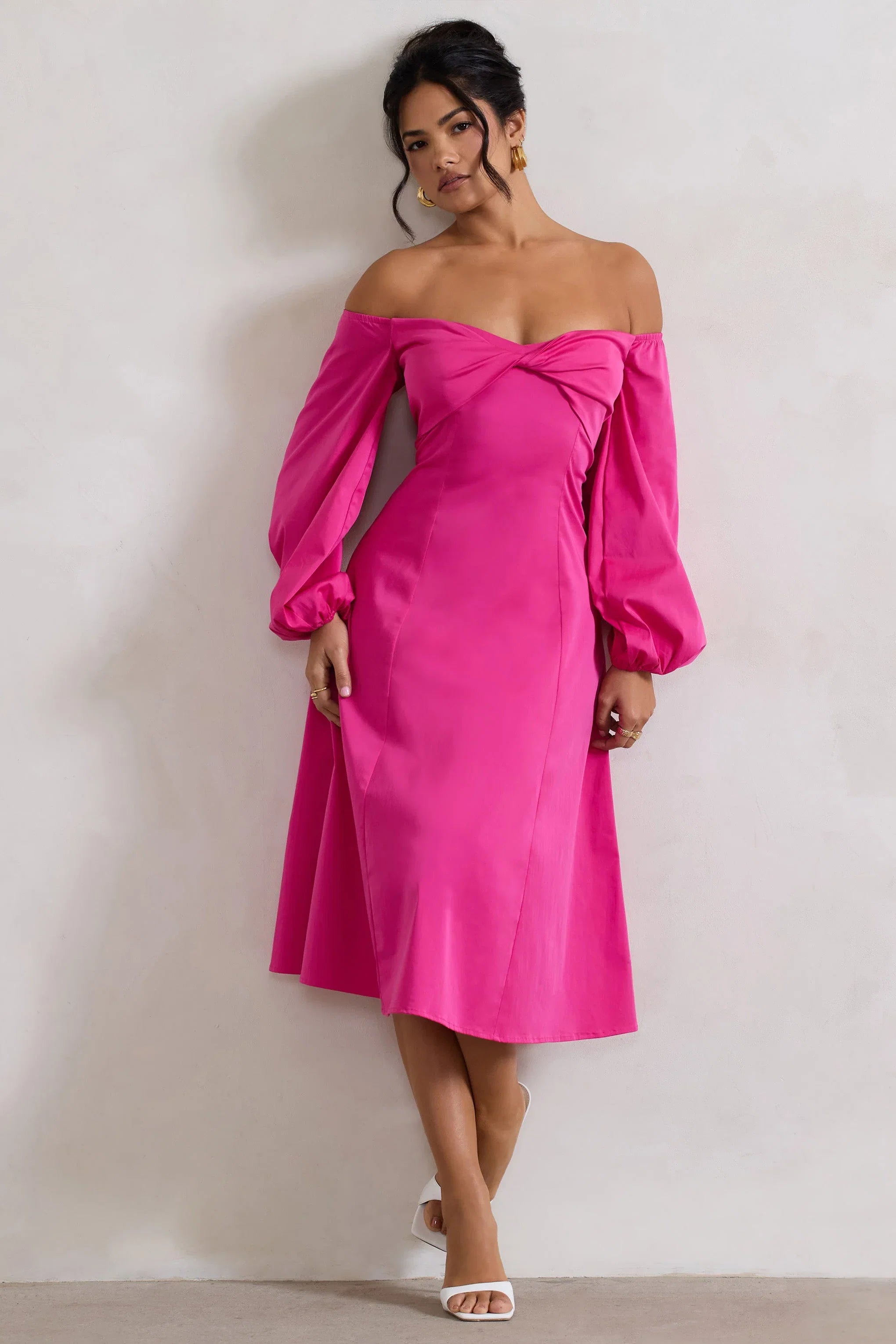 Santino Hot Pink Twisted Bardot Puff Sleeve Midi Dress