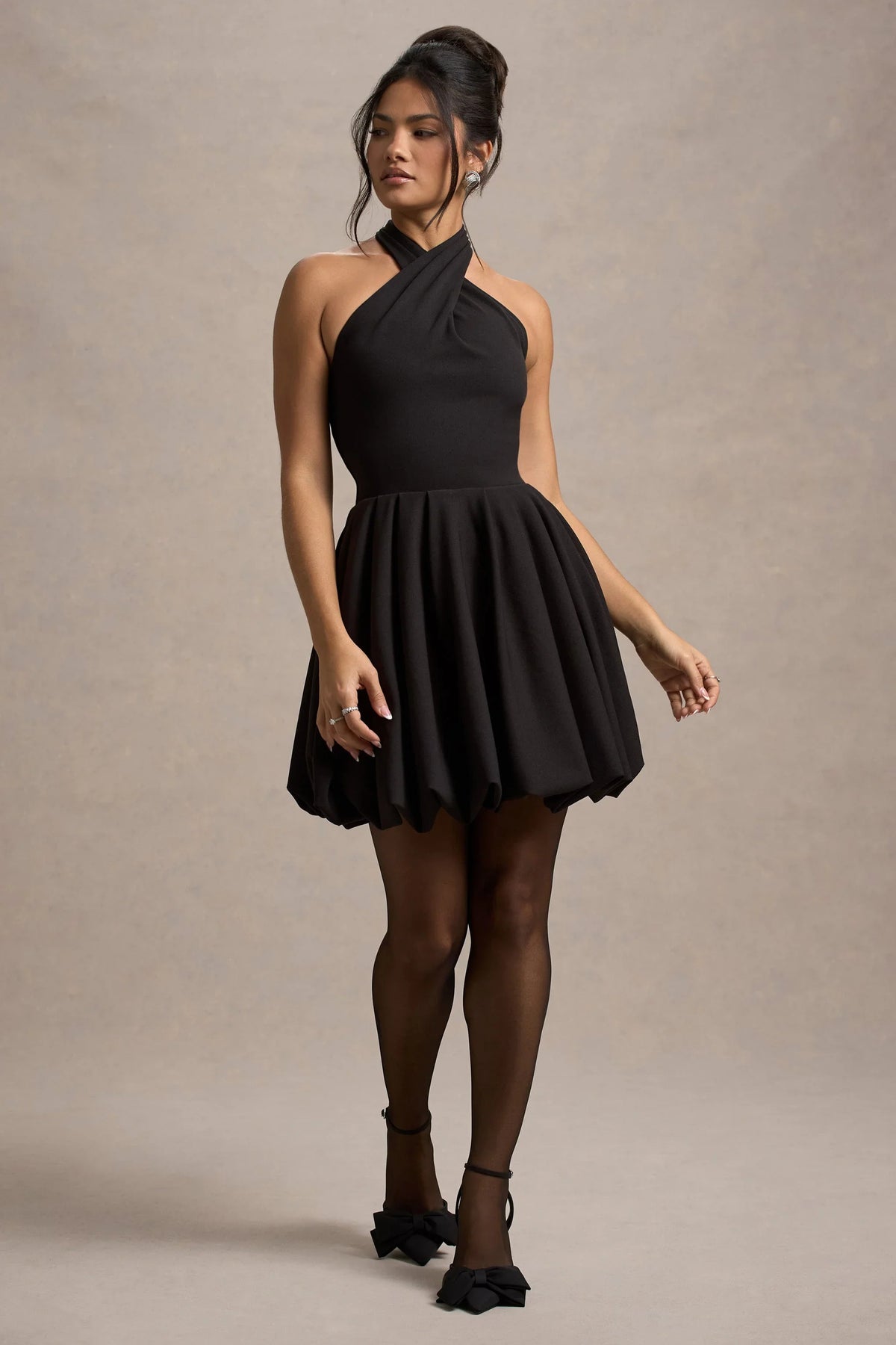 Klytie Black Halter Neck Mini Dress With Puff Ball Skirt