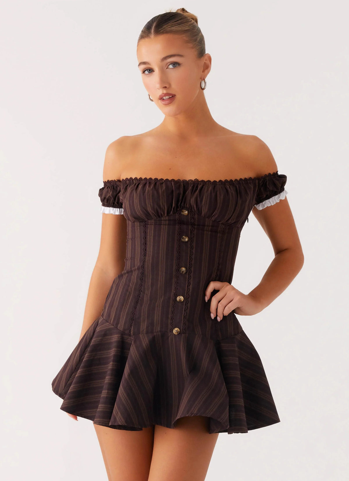Jumana Off Shoulder Mini Dress Toffee Stripe