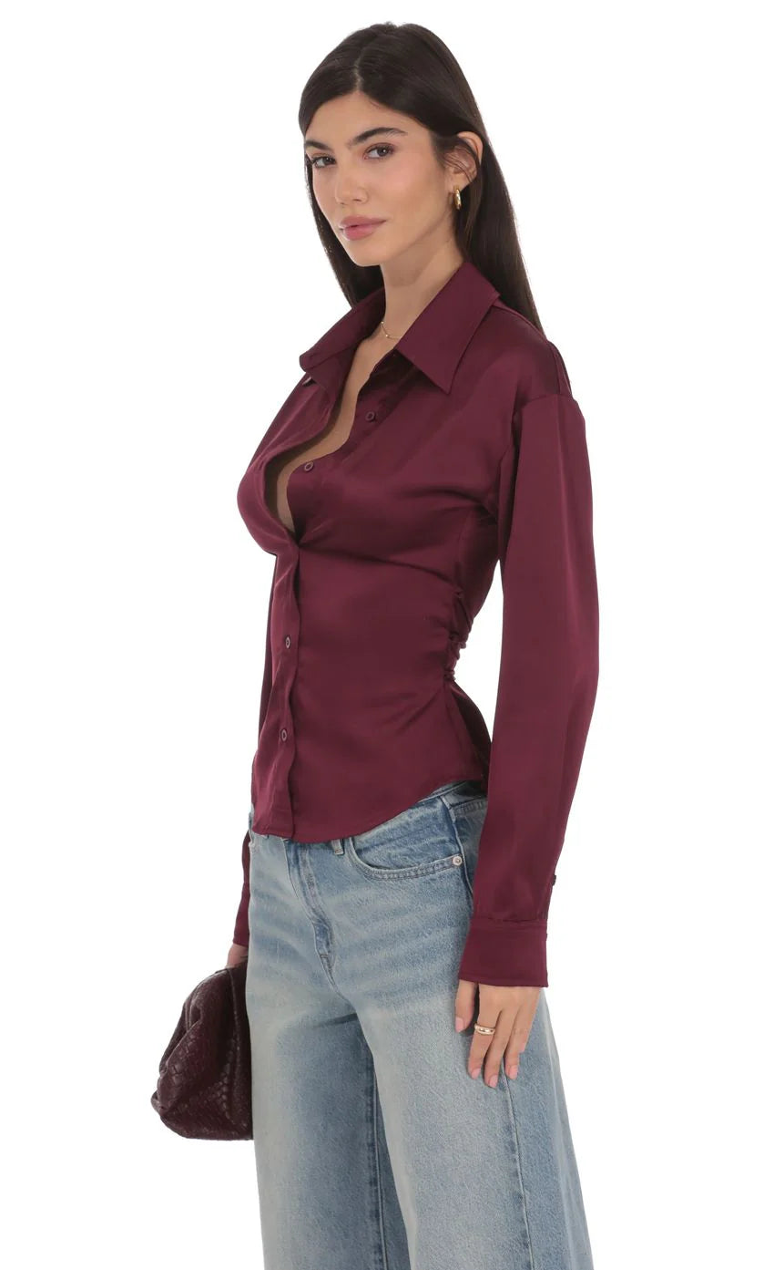 Satin Button Up Shirt in Burgundy