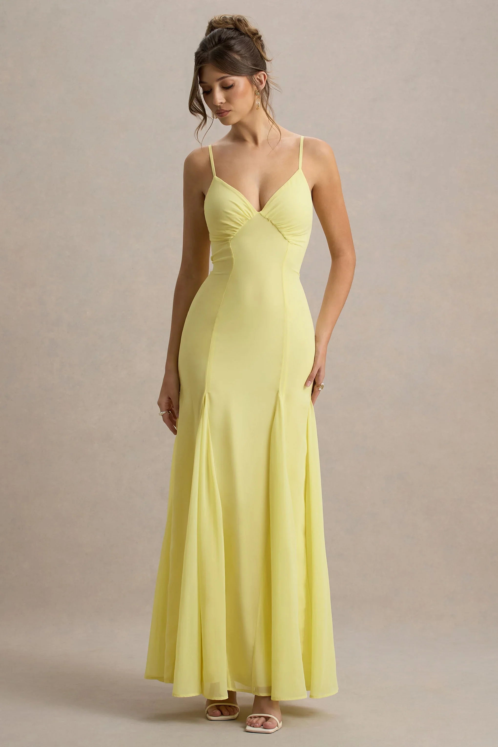 Massie Lemon Chiffon Strappy Maxi Dress With Volume Hem