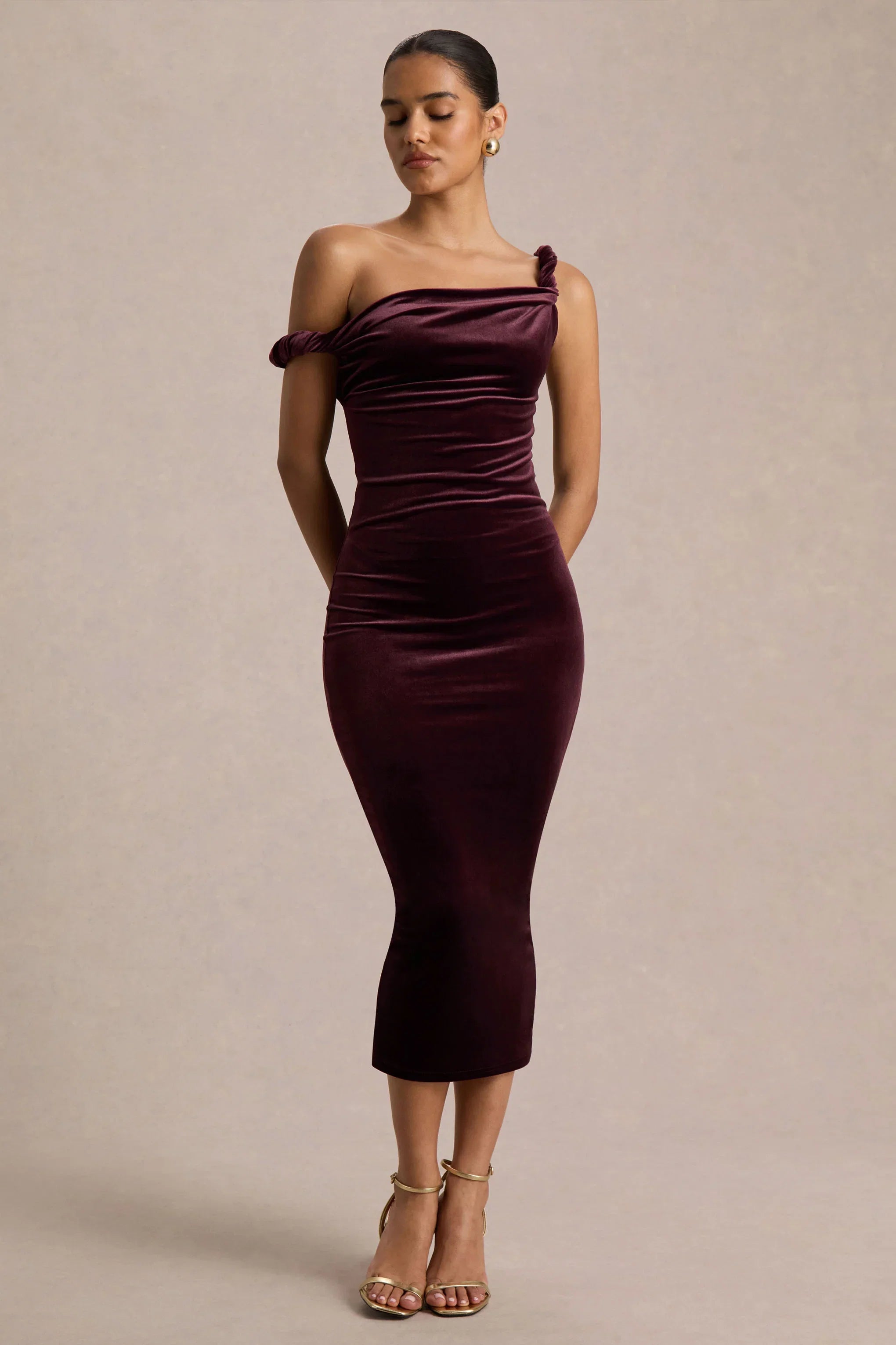 Carella Burgundy Velvet Twisted Asymmetric Midi Dress