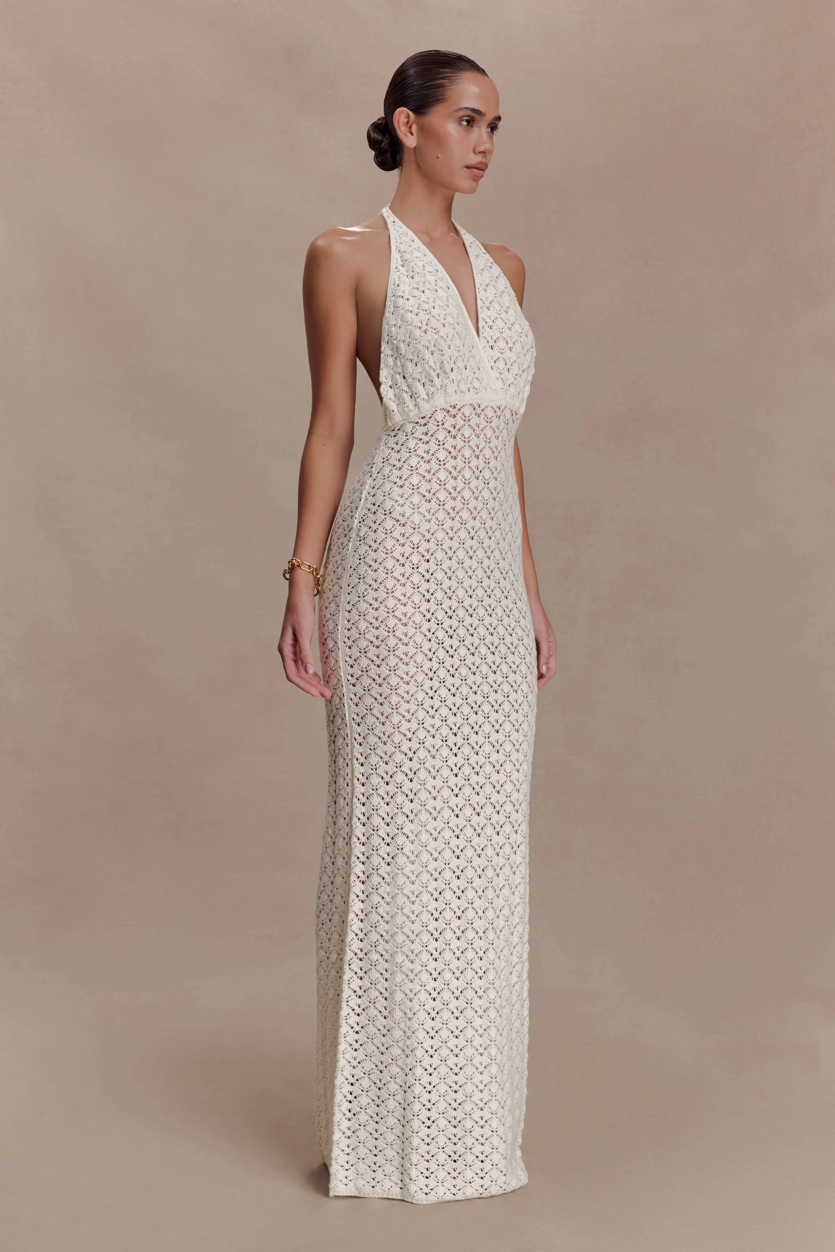 Deeliah Halterneck Crochet Maxi Dress Ivory