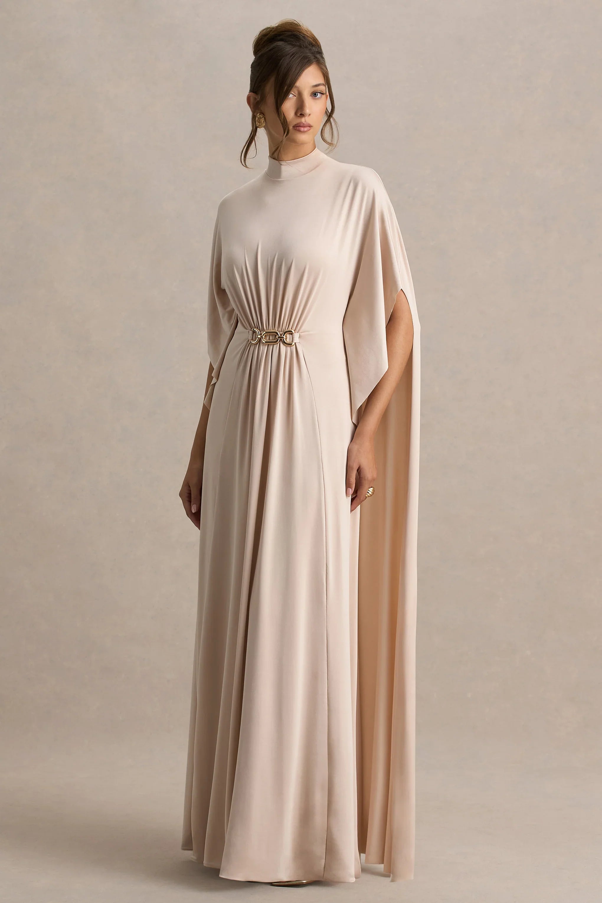Olessia Champagne Belted Gathered Cape Sleeve Maxi Dress