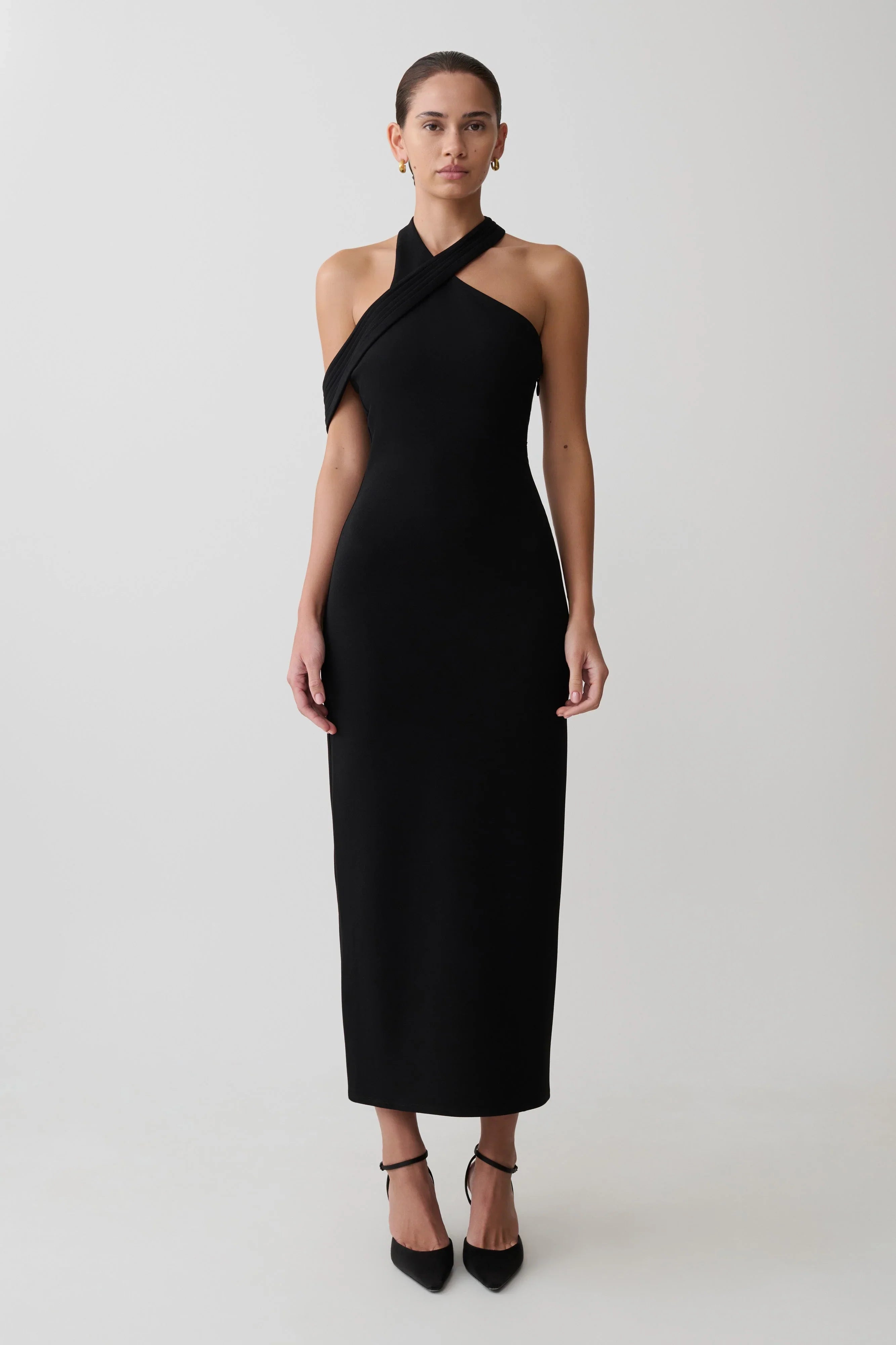 Sable Crossover Crepe Midi Dress Black