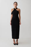 Sable Crossover Crepe Midi Dress Black