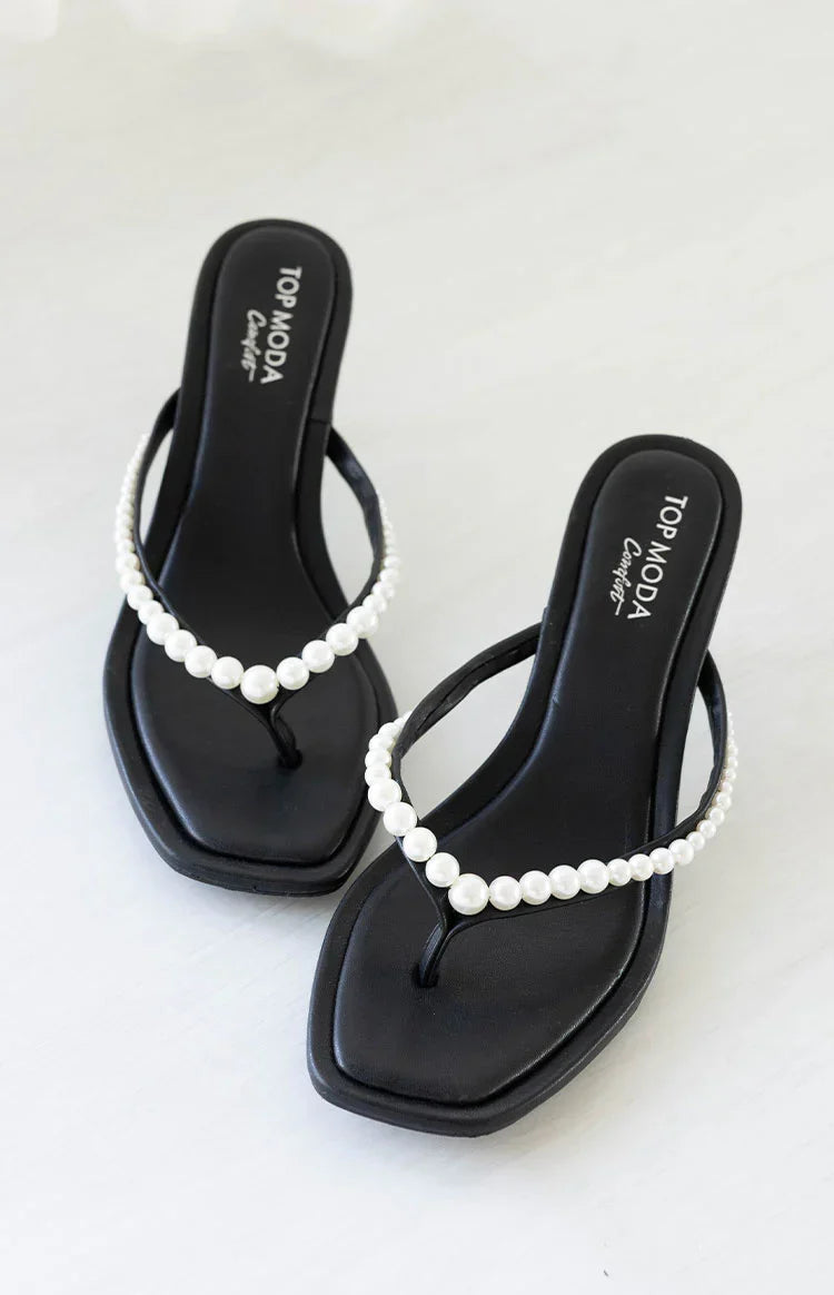 Selena Black Pearl Detail Thong Heels