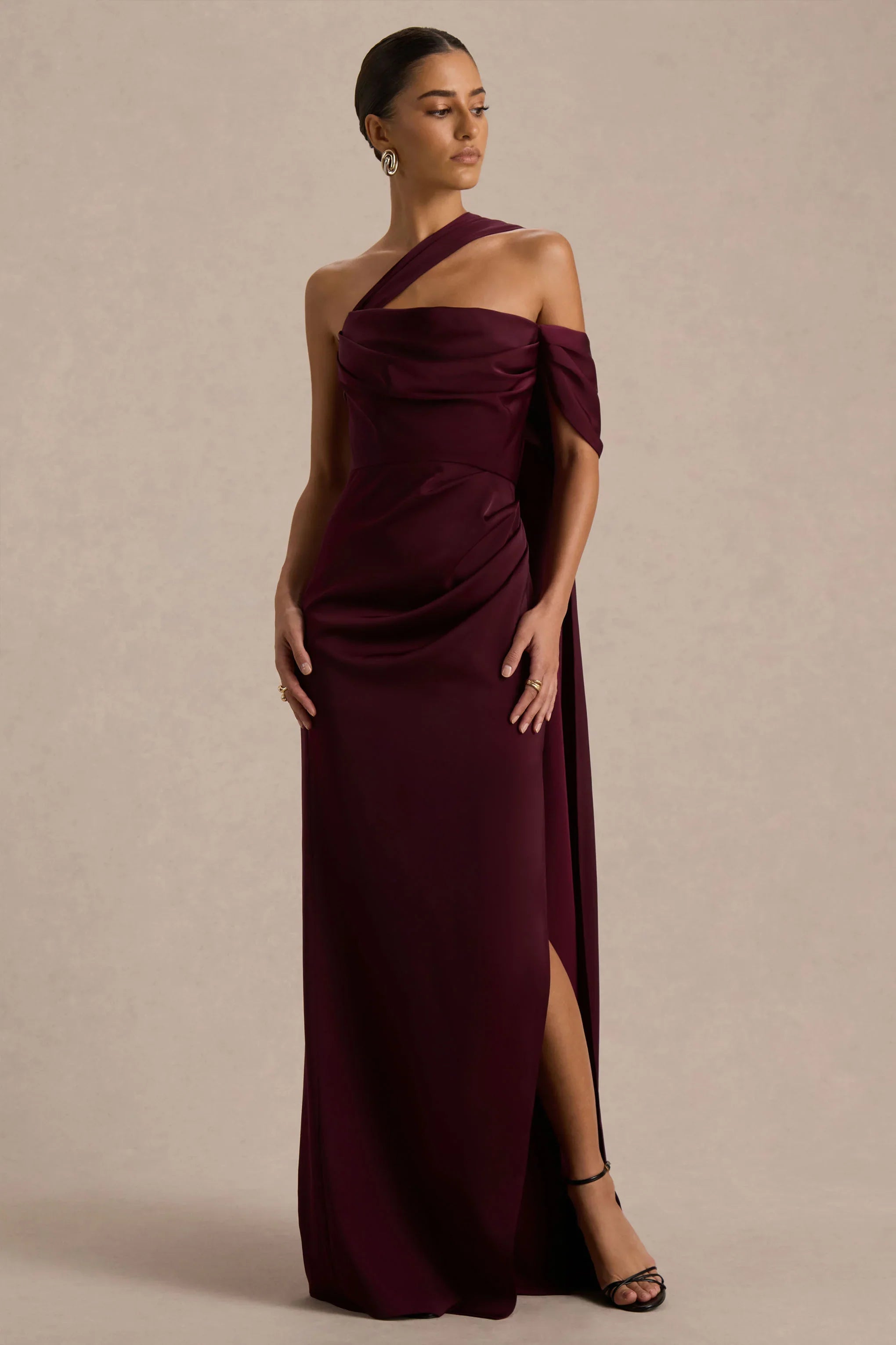 Yazmin Burgundy Satin Asymmetric Maxi Dress With One Sleeve Cape