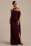 Yazmin Burgundy Satin Asymmetric Maxi Dress With One Sleeve Cape