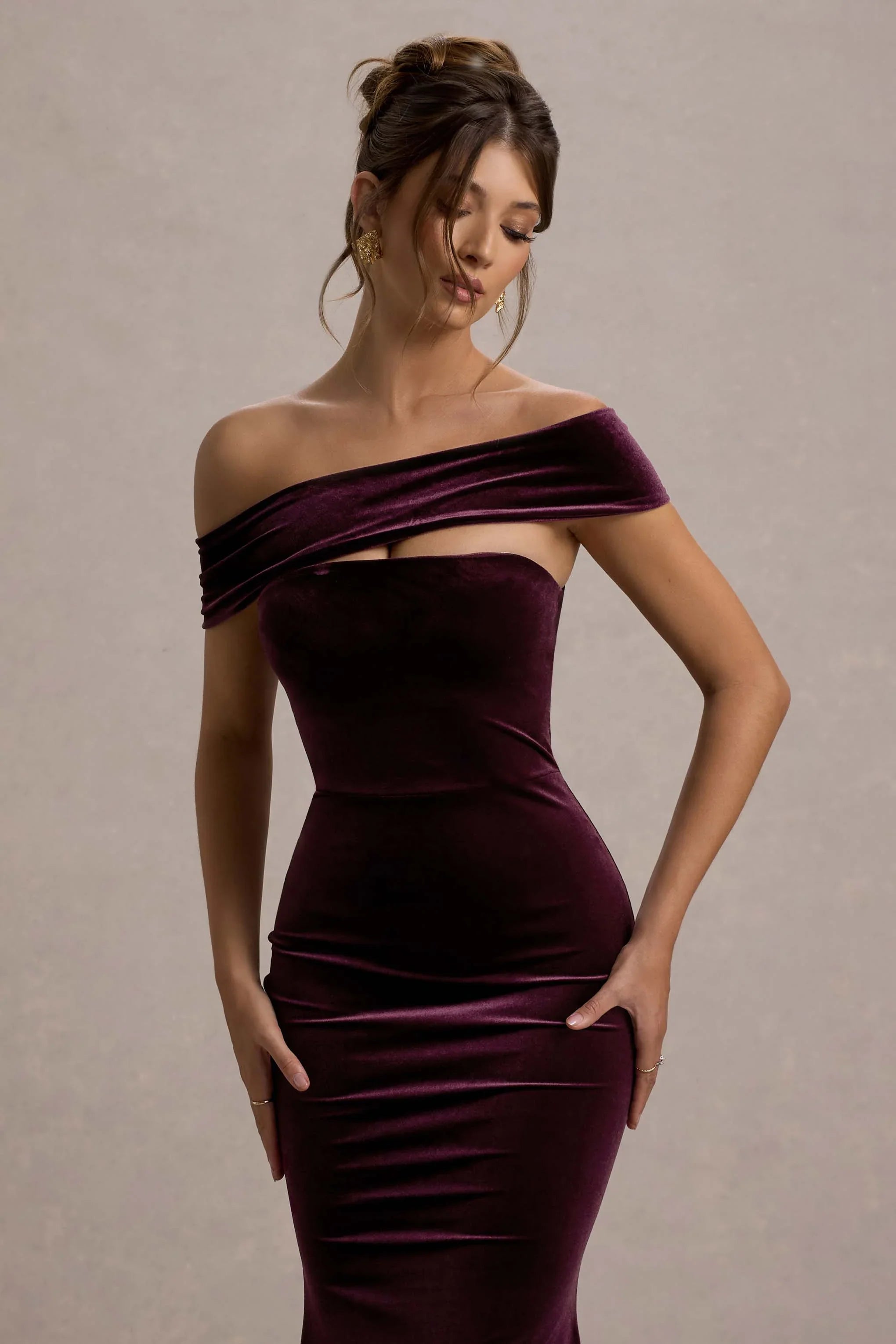 Candela Port Velvet Asymmetric Bardot Maxi Dress