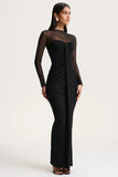 Cadenza Black Crew Neck Maxi Dress With Mesh And Gathered Detailing