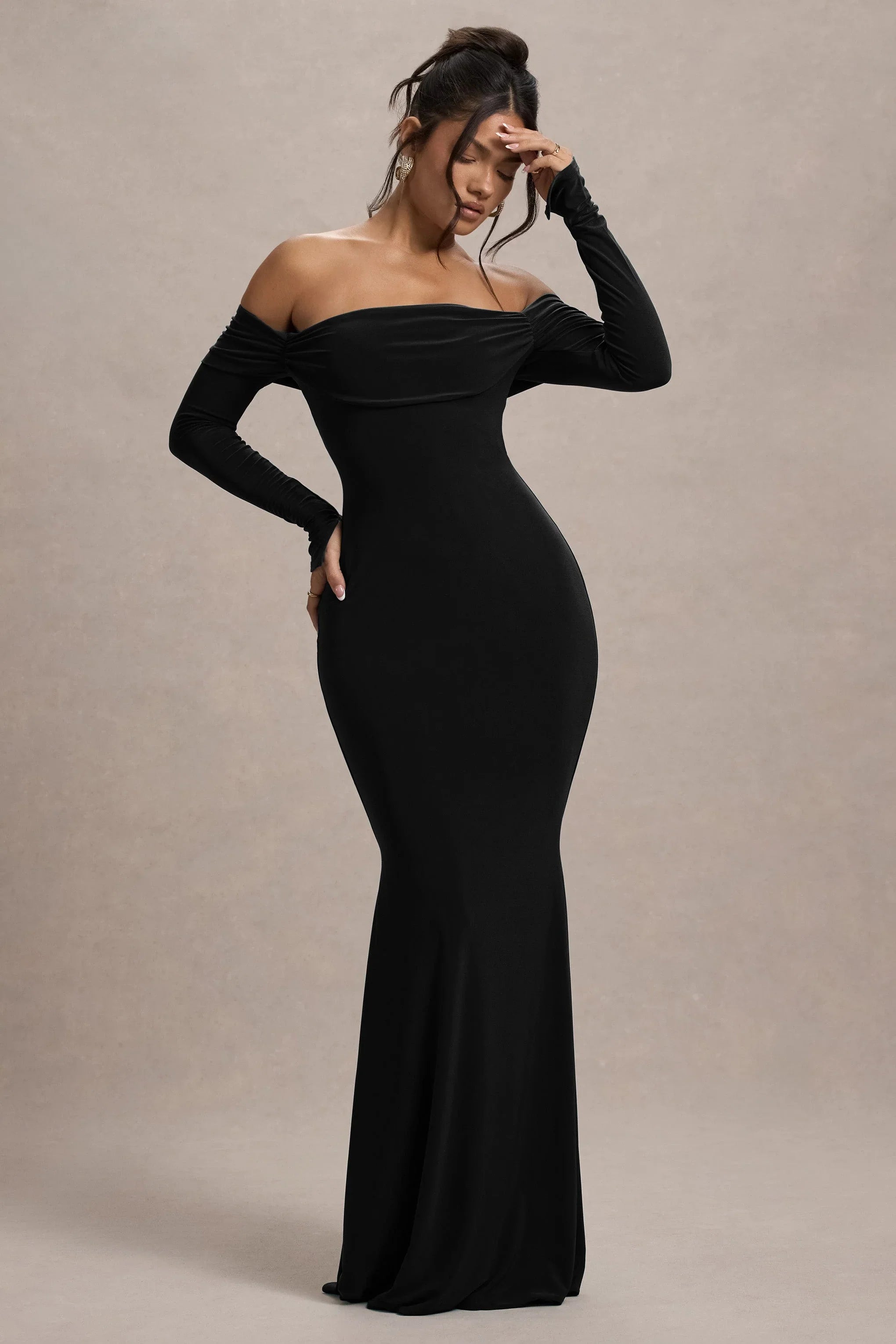 Amaia Black Bardot Long Sleeve Maxi Dress