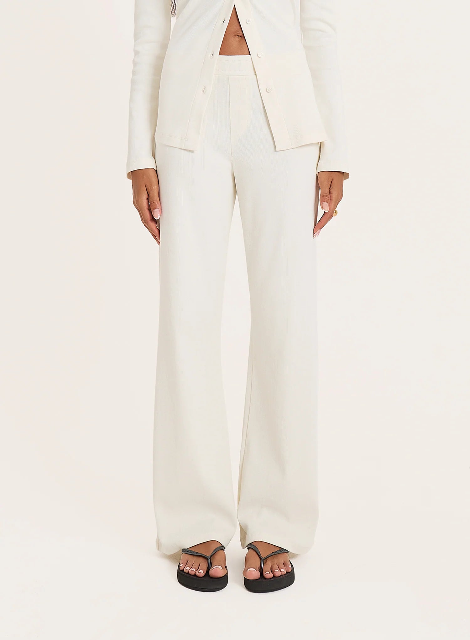 Cream Ribbed Straight Leg Trousers