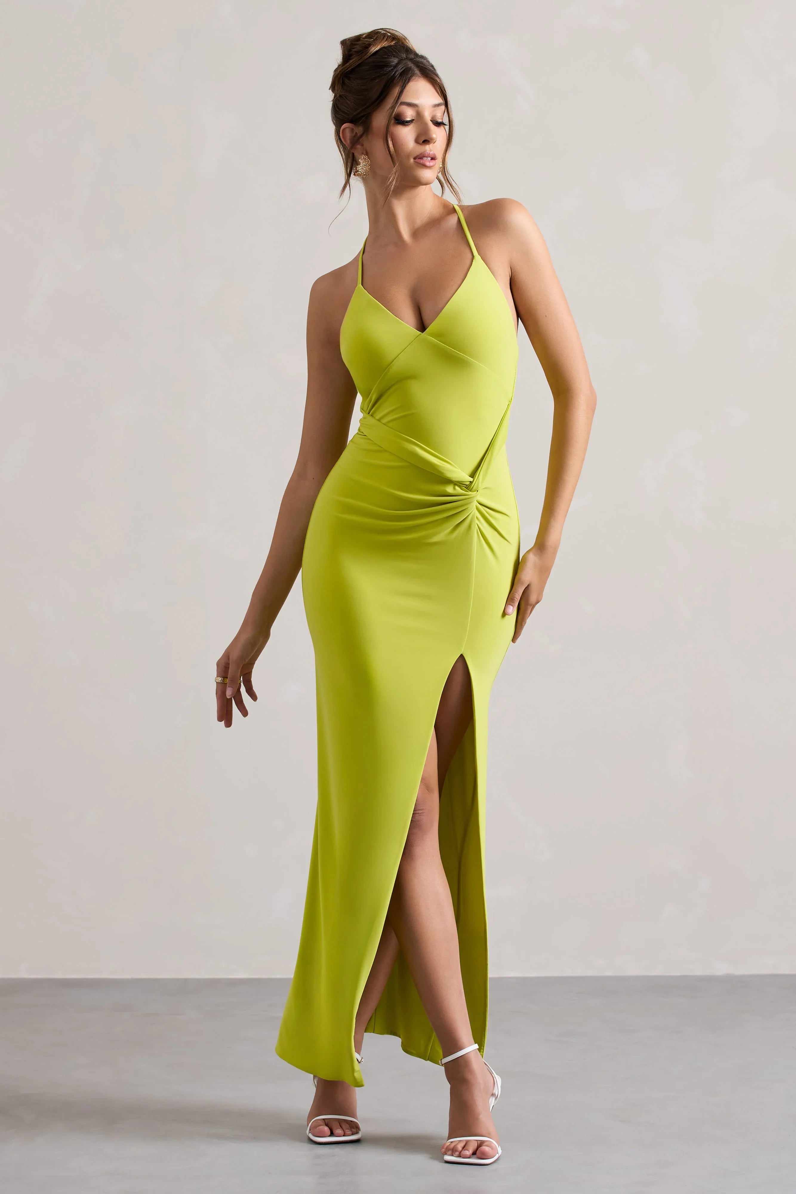 Domenica Lime Green Halter Neck Wrap Maxi Dress