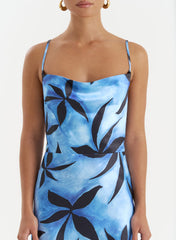 Blue Floral Print Satin Maxi Dress Monique