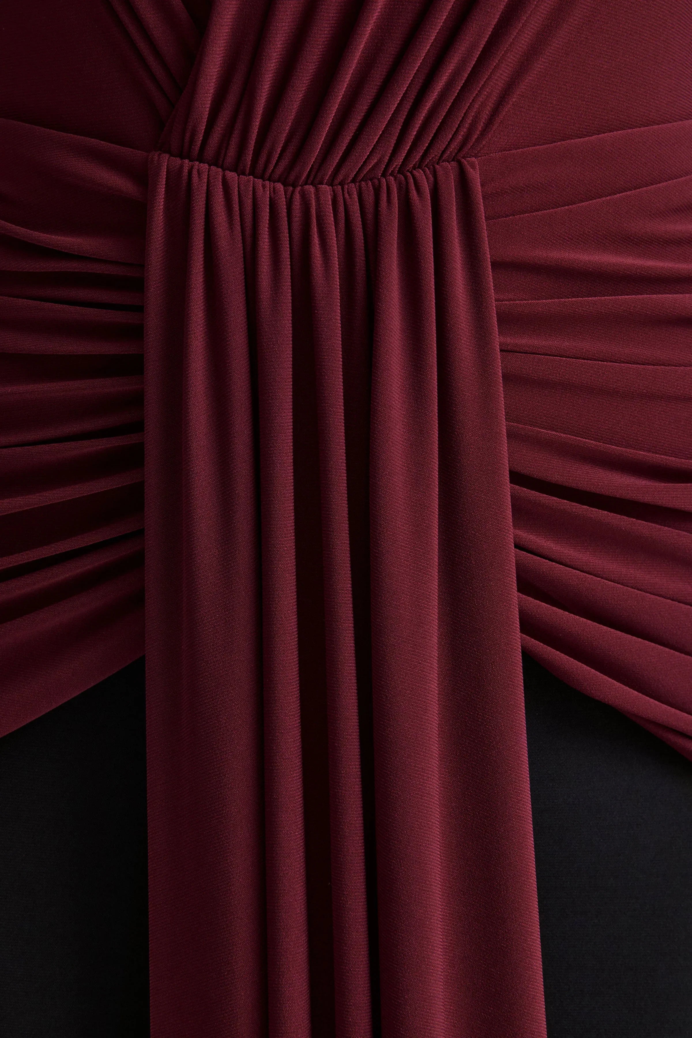 Halston Burgundy And Black Plunge Neck Maxi Dress With Gathered Detailing