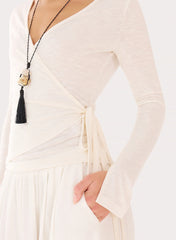 White Wrap Semi Sheer Long Sleeve Top