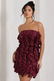 It Girl Plum Bandeau Bodycon Mini Dress With Ruffles